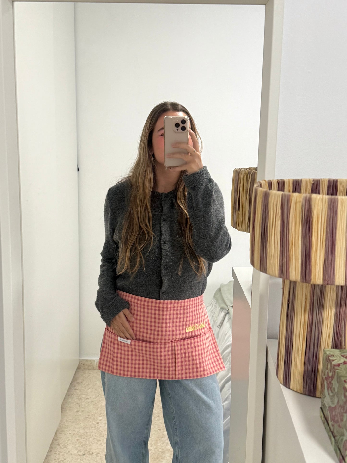 Mandil vichy rosa y mandarina