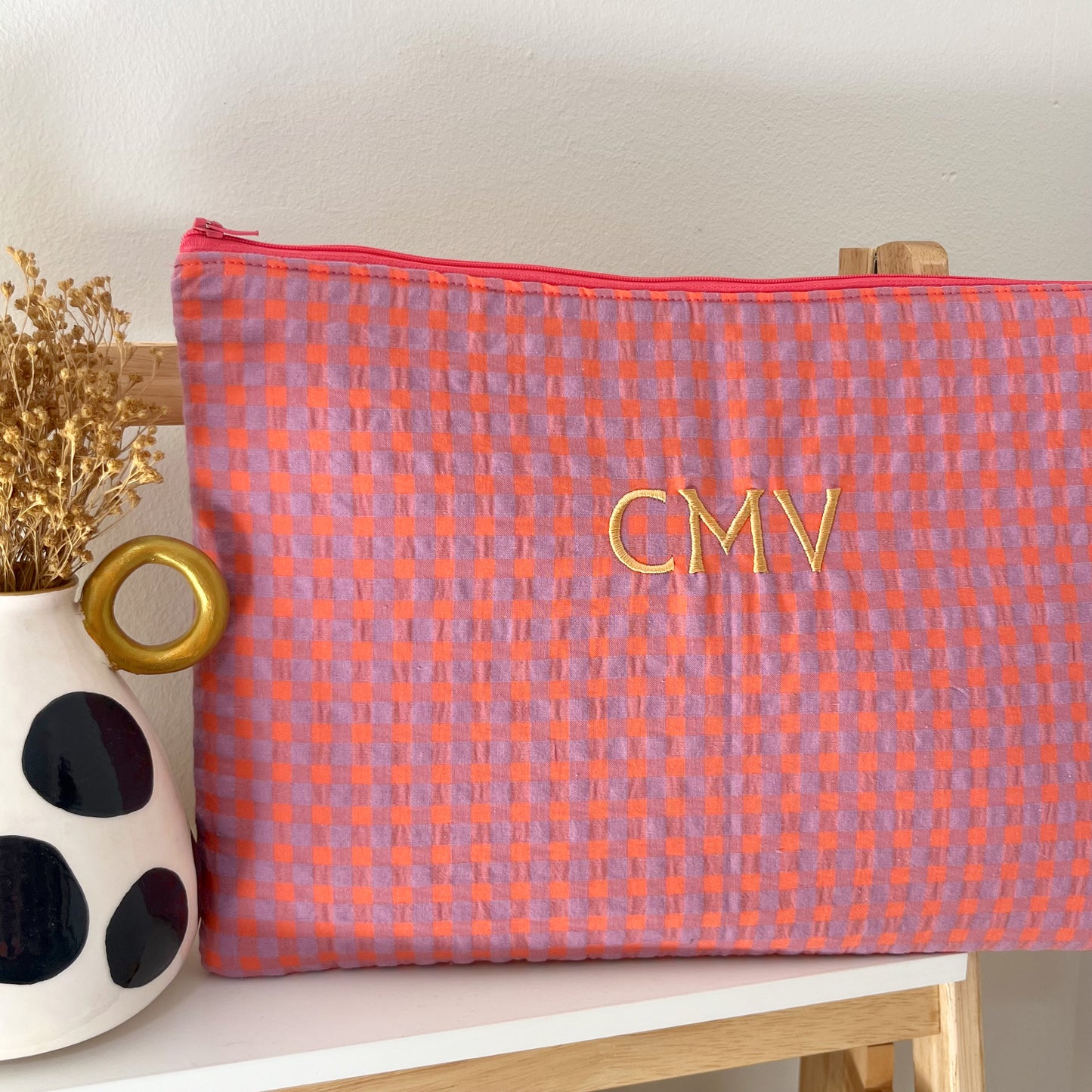 Funda vichy lila y naranja