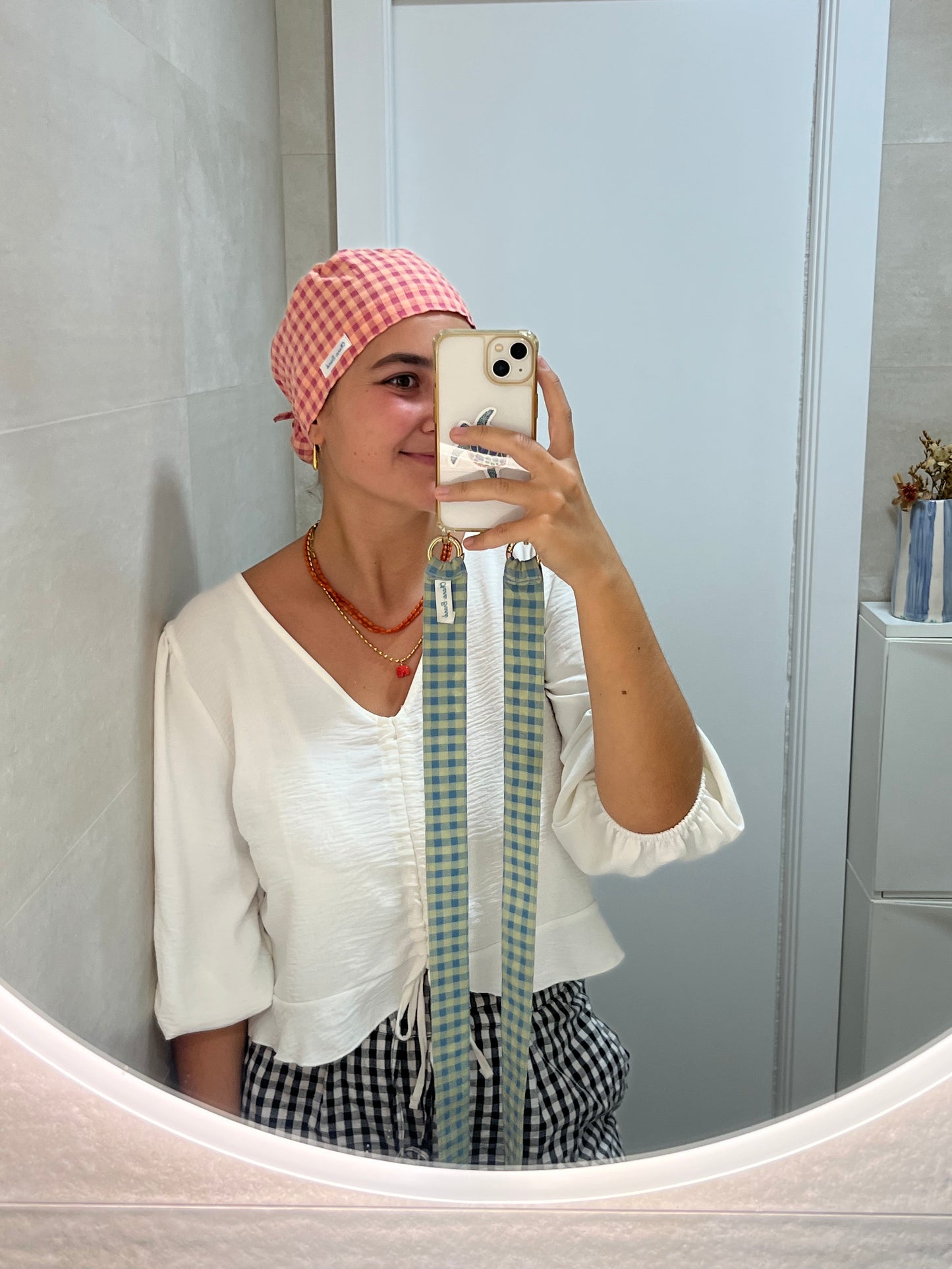 Gorro vichy rosa y mandarina