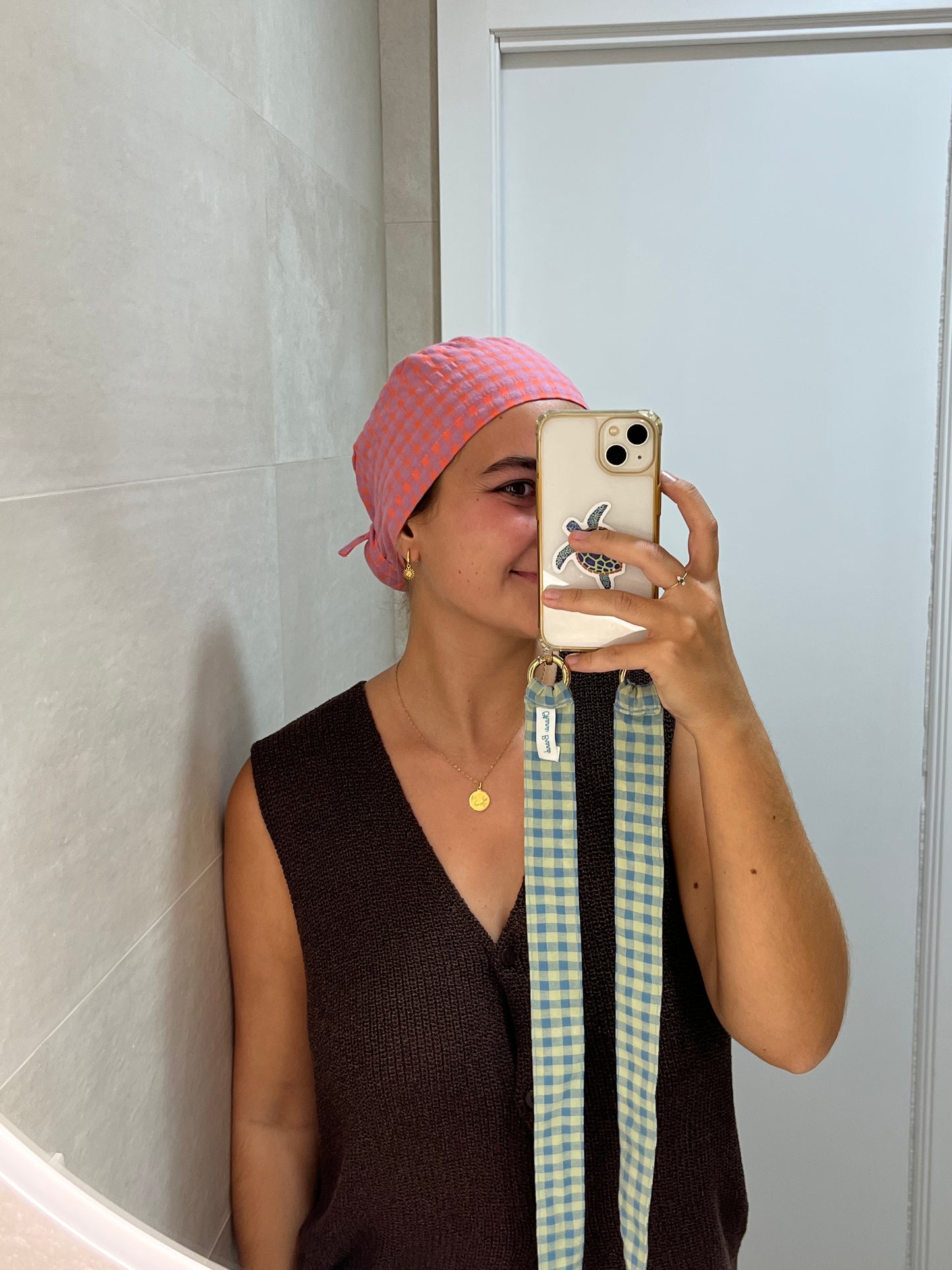 Gorro vichy lila y naranja