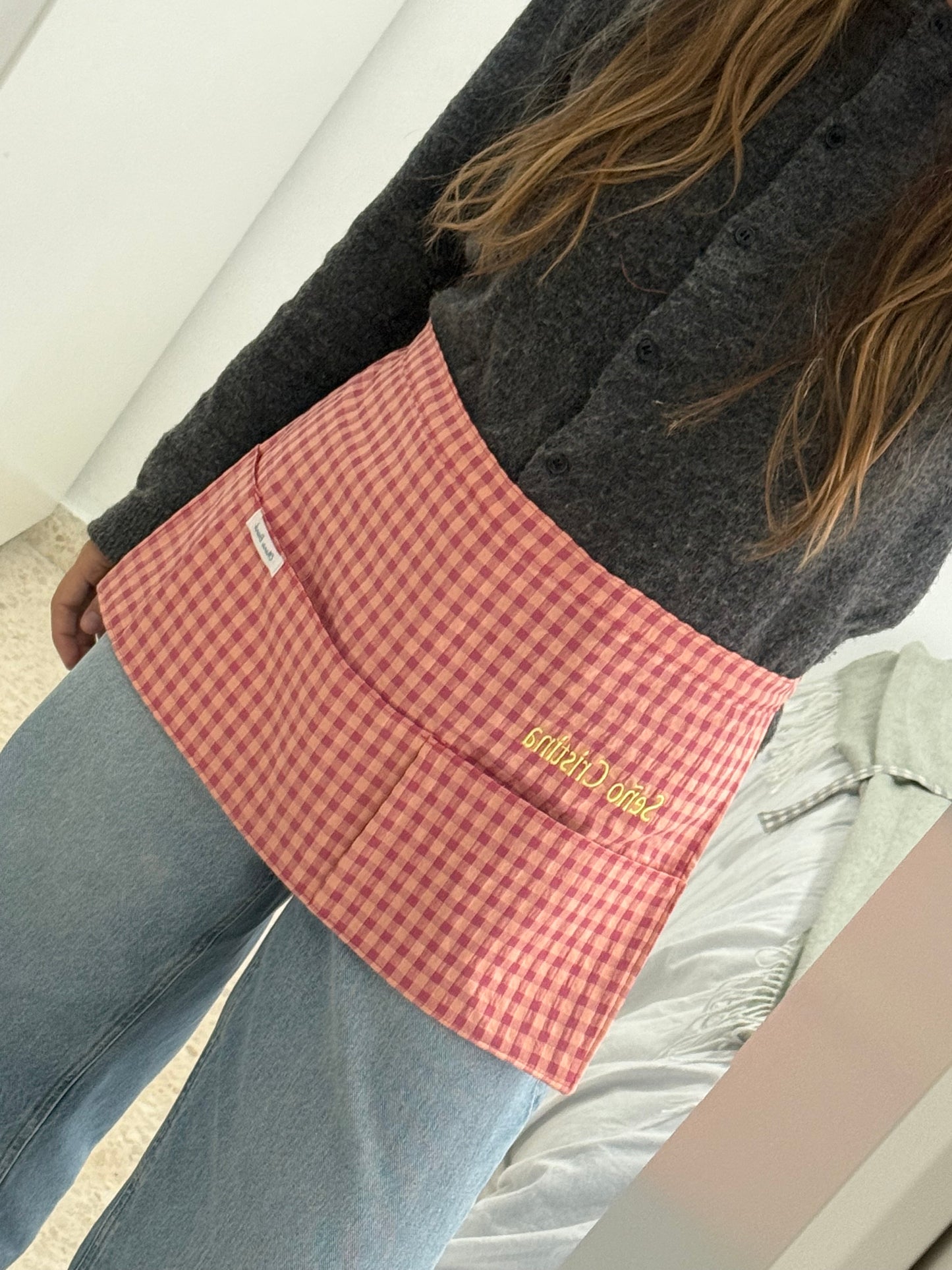 Mandil vichy rosa y mandarina