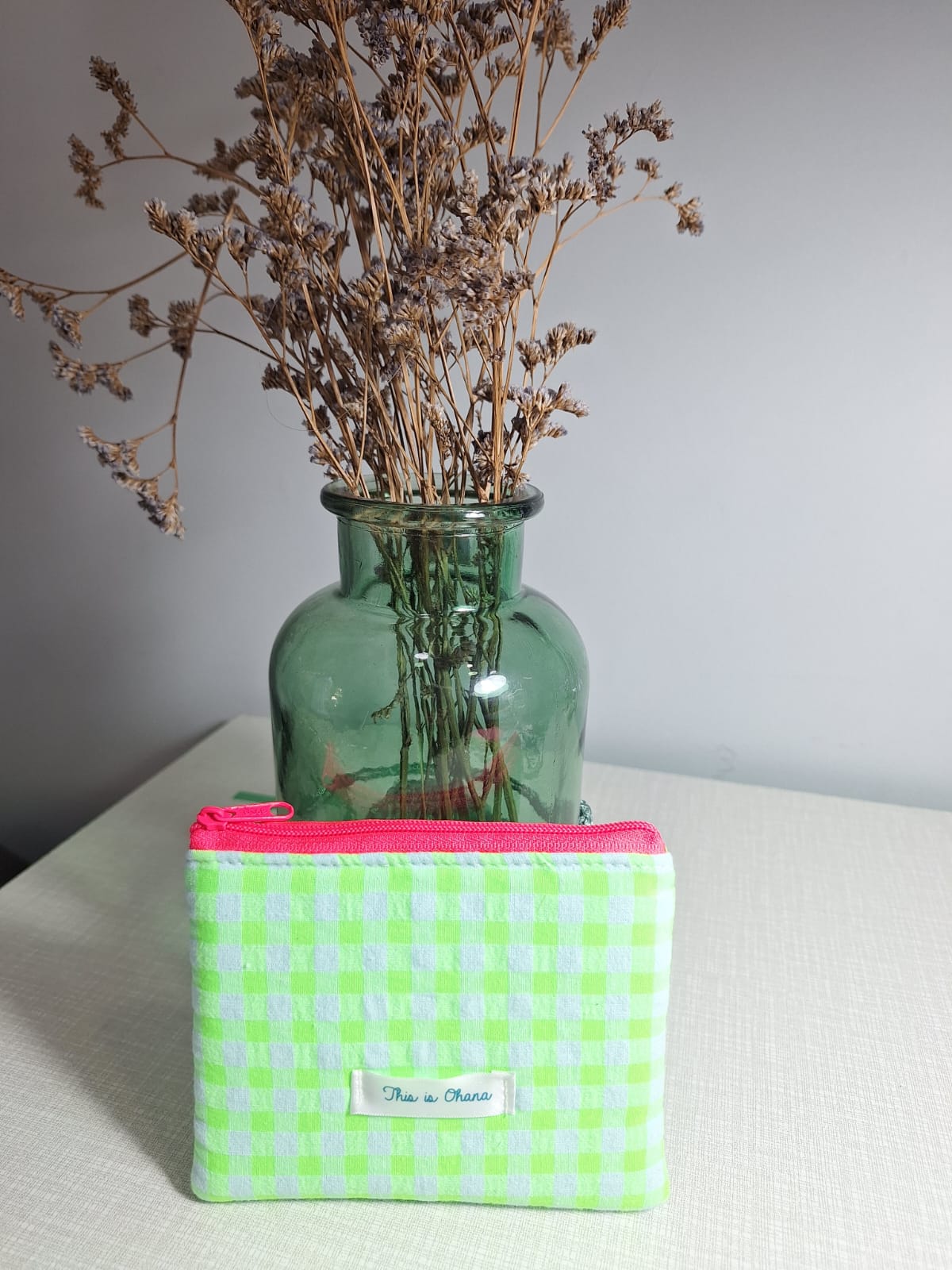 Monedero de vichy verde fosforito con cremallera de color